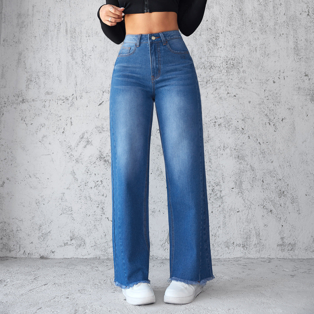Fashion Straight Wide-leg Jeans Casual High-waist Non-elastic Womens Clothing front view