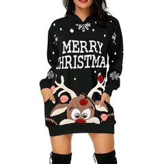 Christmas Hot Sale Printed Mid-Length Pocket Hooded Long-Sleeved Sweater front view