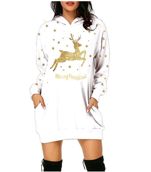 Christmas Hot Sale Printed Mid-Length Pocket Hooded Long-Sleeved Sweater front view