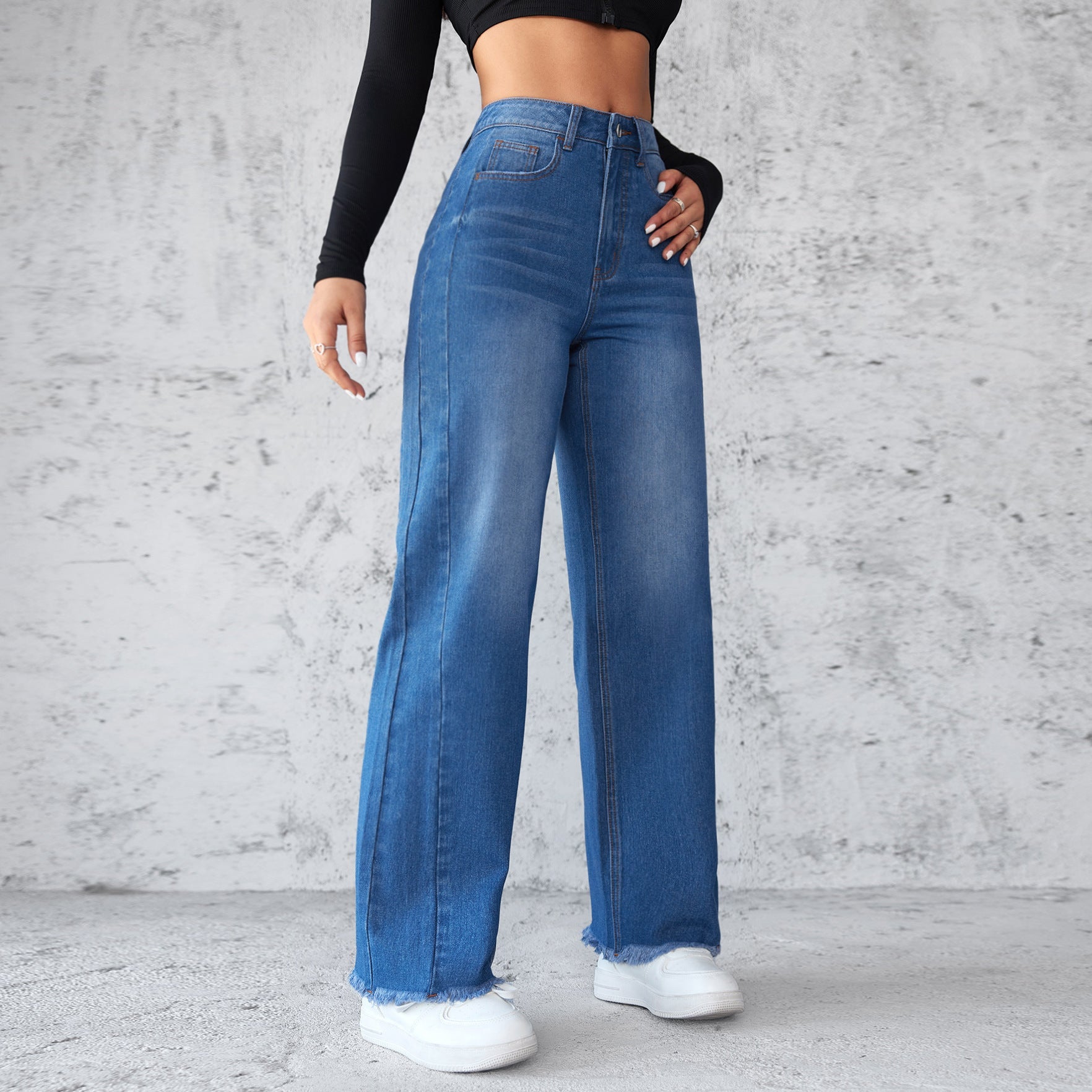 Fashion Straight Wide-leg Jeans Casual High-waist Non-elastic Womens Clothing front view