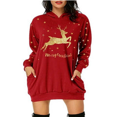 Christmas Hot Sale Printed Mid-Length Pocket Hooded Long-Sleeved Sweater front view