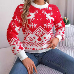 2025 New Year Autumn Winter Casual Deer Pattern Long Sleeve Hoodie Sweater Christmas For Women front view