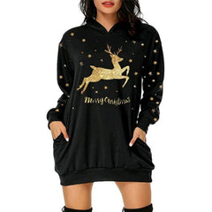 Christmas Hot Sale Printed Mid-Length Pocket Hooded Long-Sleeved Sweater front view