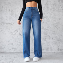 Fashion Straight Wide-leg Jeans Casual High-waist Non-elastic Womens Clothing front view