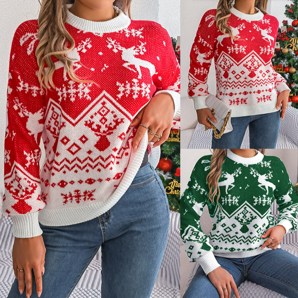 2025 New Year Autumn Winter Casual Deer Pattern Long Sleeve Hoodie Sweater Christmas For Women front view