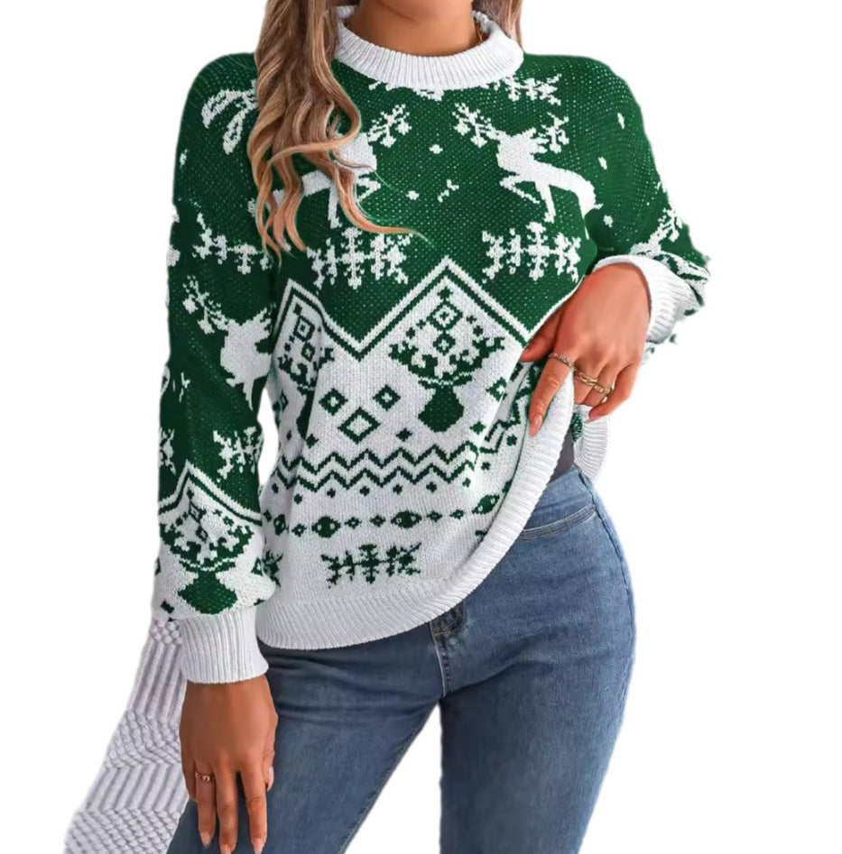 2025 New Year Autumn Winter Casual Deer Pattern Long Sleeve Hoodie Sweater Christmas For Women front view