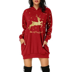 Christmas Hot Sale Printed Mid-Length Pocket Hooded Long-Sleeved Sweater front view