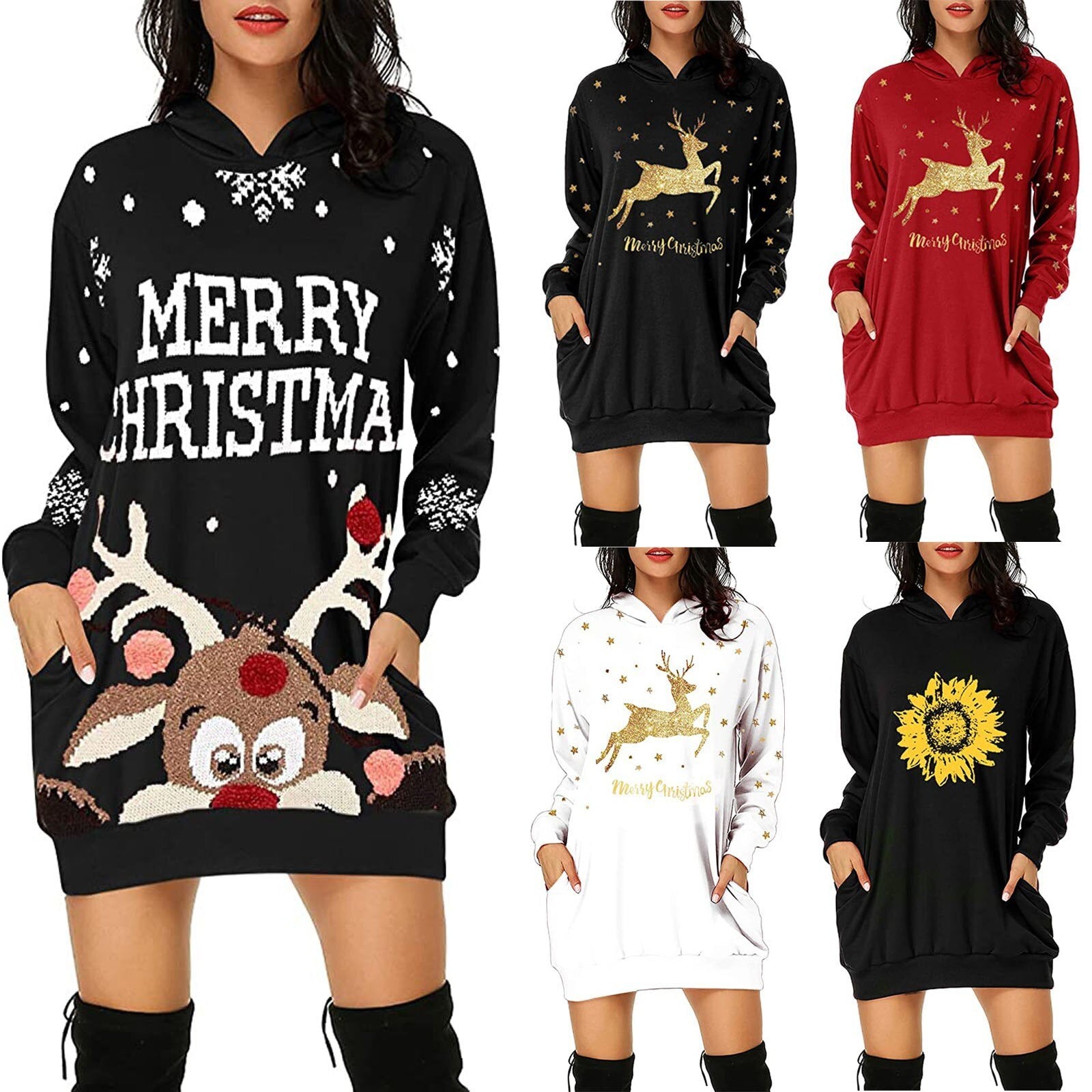 Christmas Hot Sale Printed Mid-Length Pocket Hooded Long-Sleeved Sweater front view