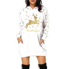 Christmas Hot Sale Printed Mid-Length Pocket Hooded Long-Sleeved Sweater front view