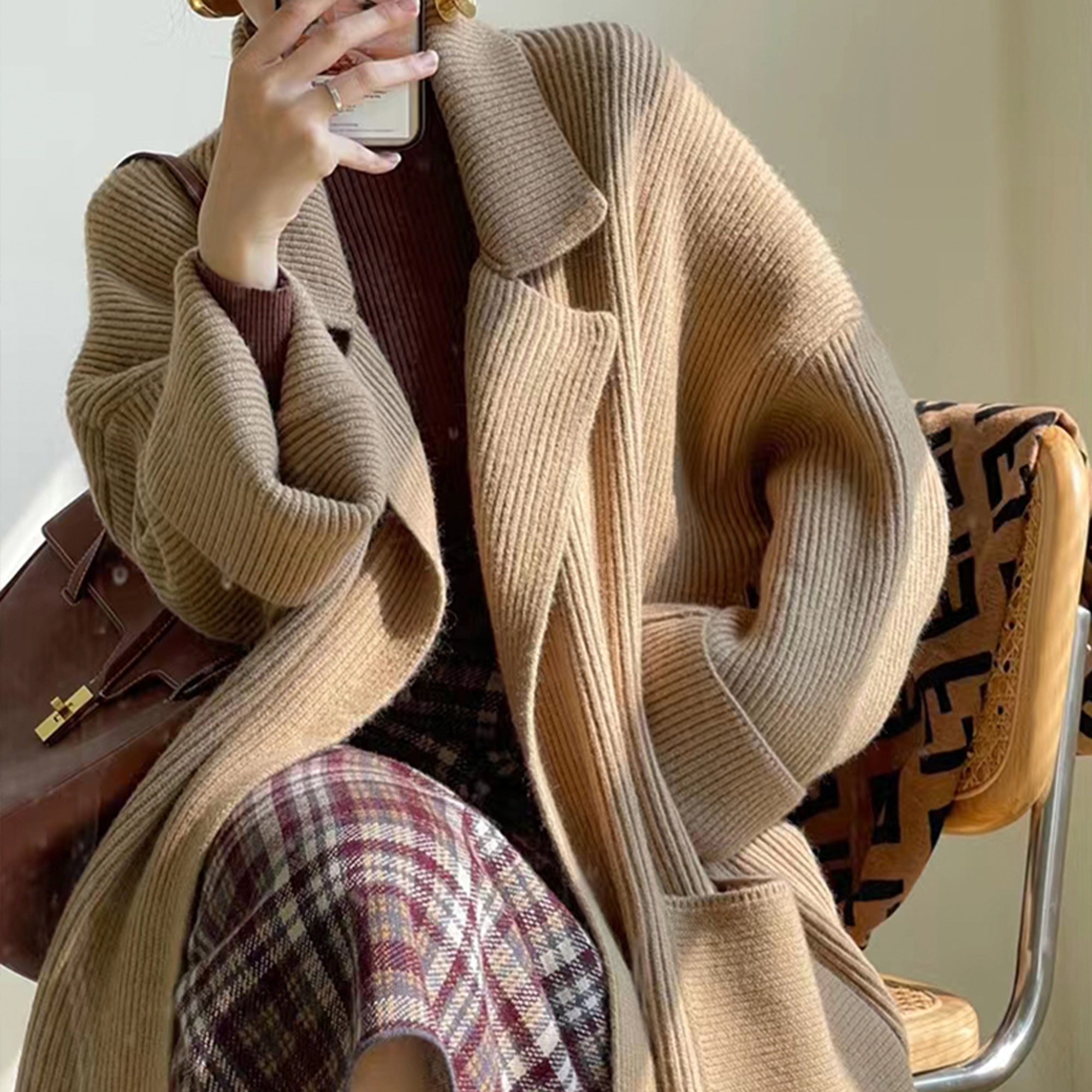 Alpaca Coffee Wool Sweater Coffee Knit Sweater Hand Knitted Cozy Boho Women front view